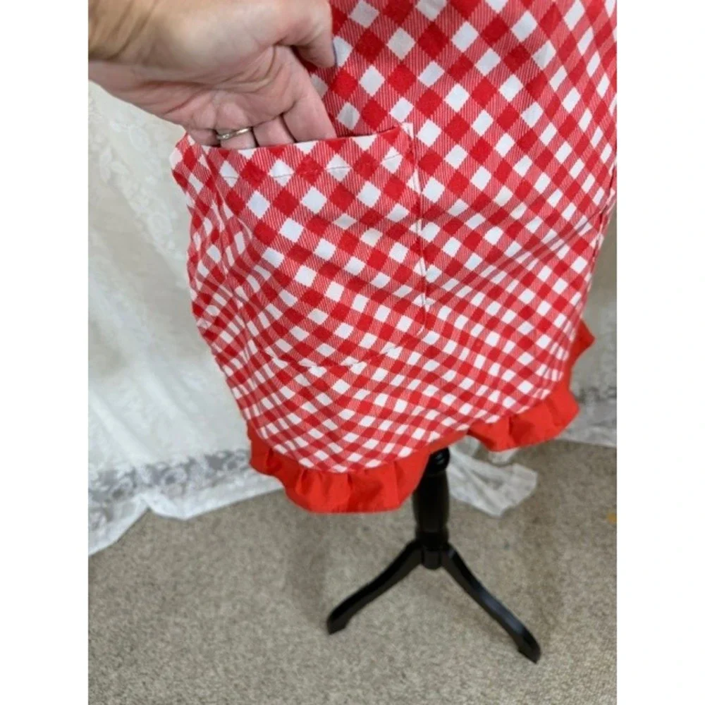 Vintage Red White Gingham Half Apron Ruffle Hem Pockets Retro Kitchen Farmhouse